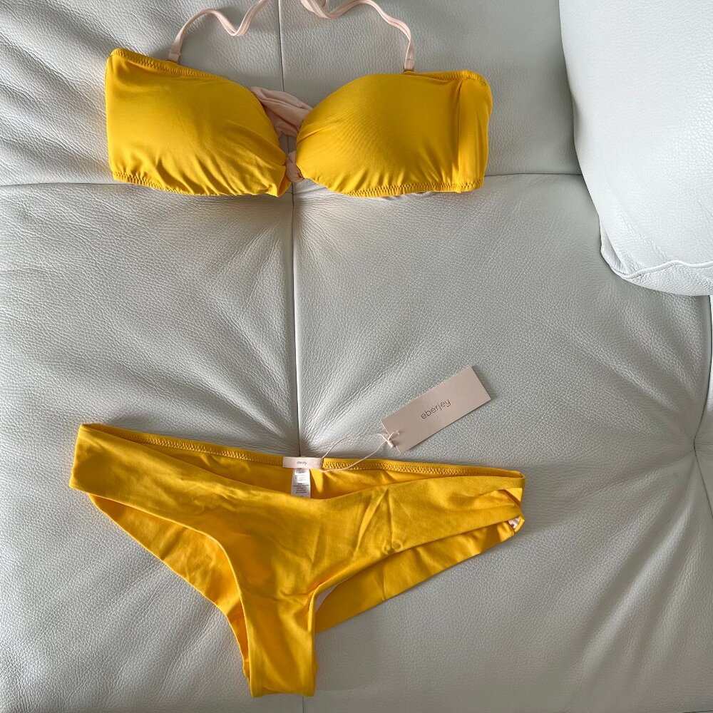 NWT EBERJEY 2 pc set bikini Yellow Sz L So Solid Bikini Top + cheeky bikini swim
